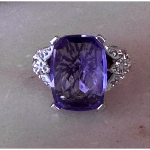 Vintage Tanzanite Purple Faceted Stone with Inlaid Crystal and 925 Sterling Silv - Picture 1 of 5